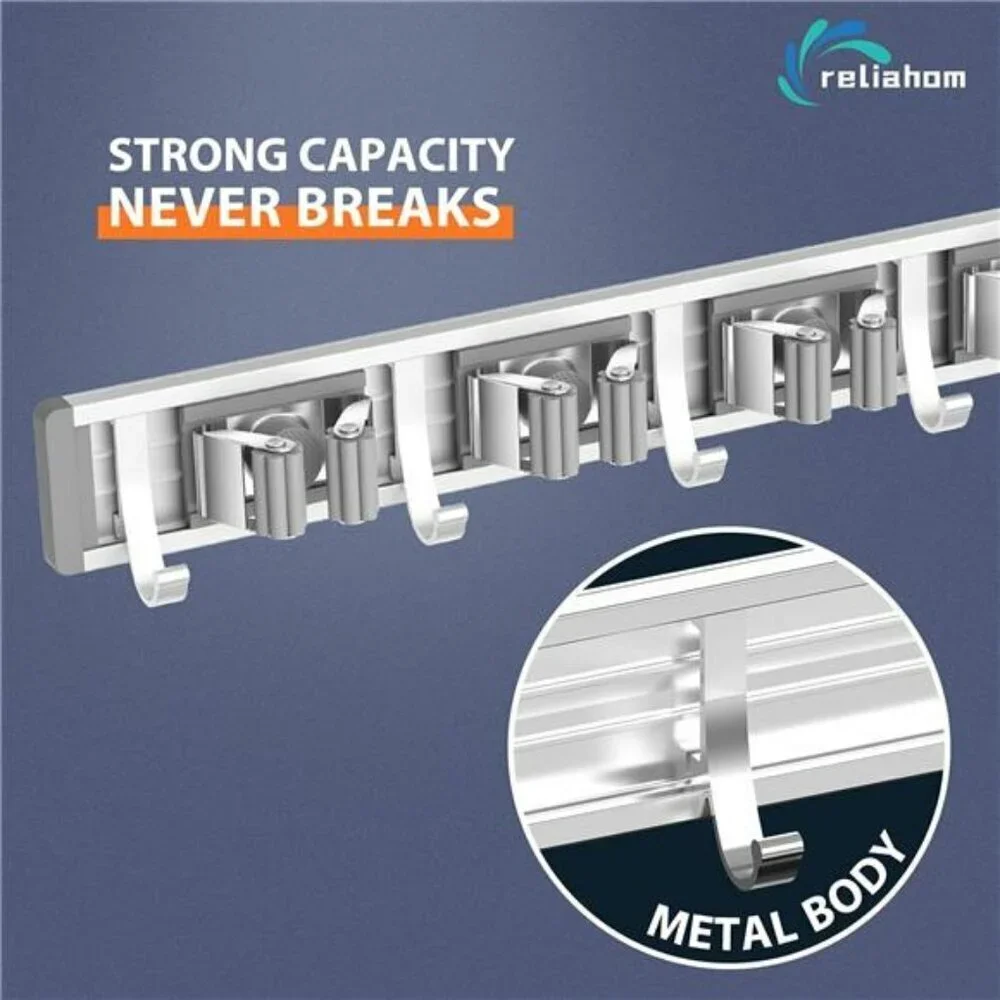 Broom Holder Mop Hanger Wall Mount Metal Organization Garage Storage System Silv
